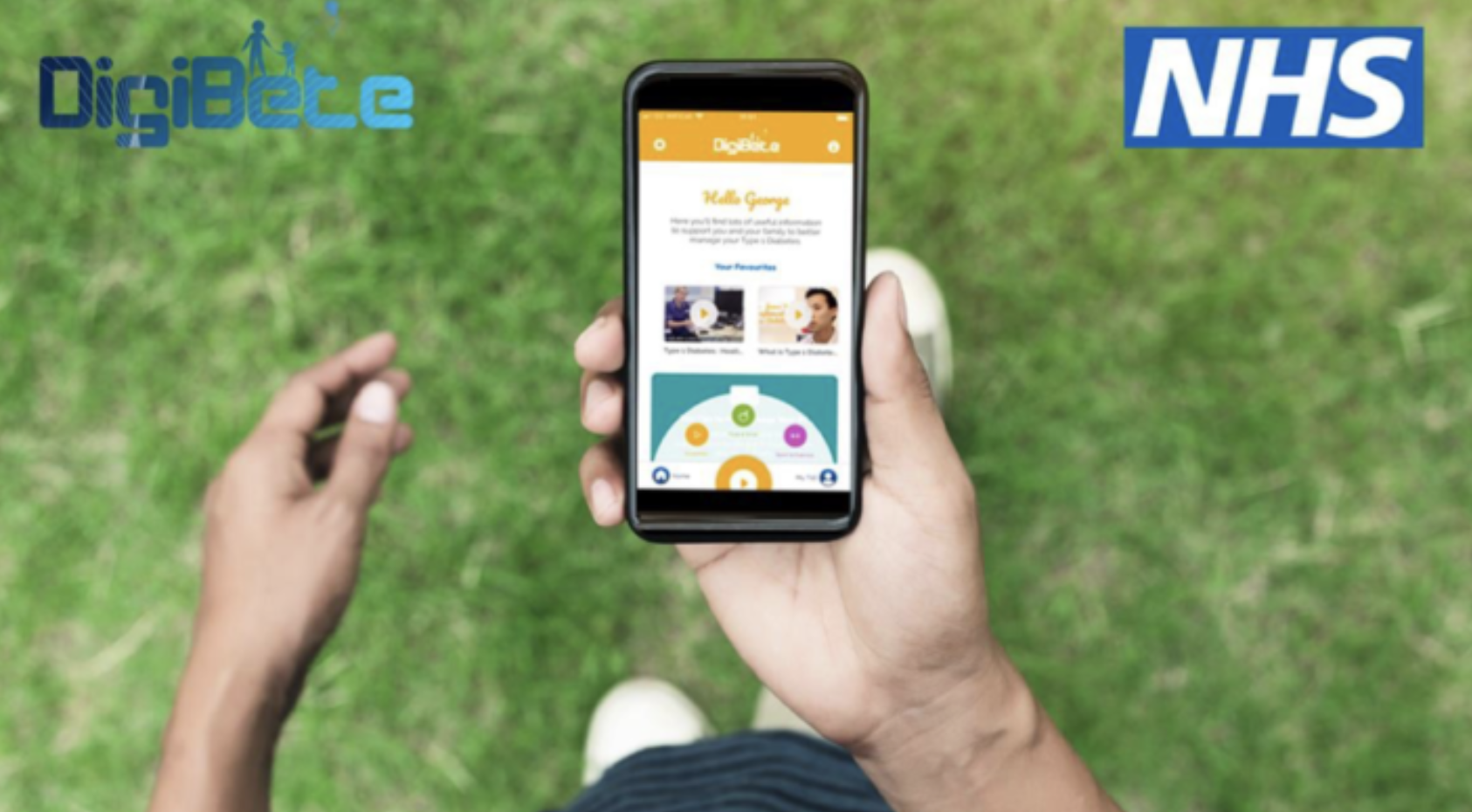 Person holding a smartphone showing the DigiBete diabetes support app, with DigiBete and NHS logos in the background.