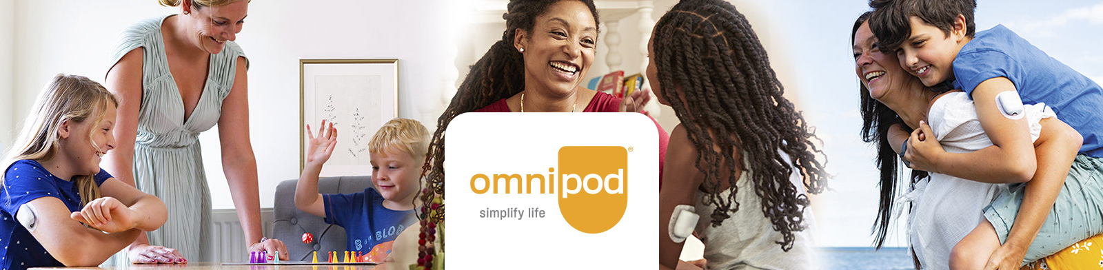 A mother and two children playing a board game on the left. A happy mother and daughter in the centre and a mother giving her son a piggy back on the right. The omnipod logo in the centre at the bottom.