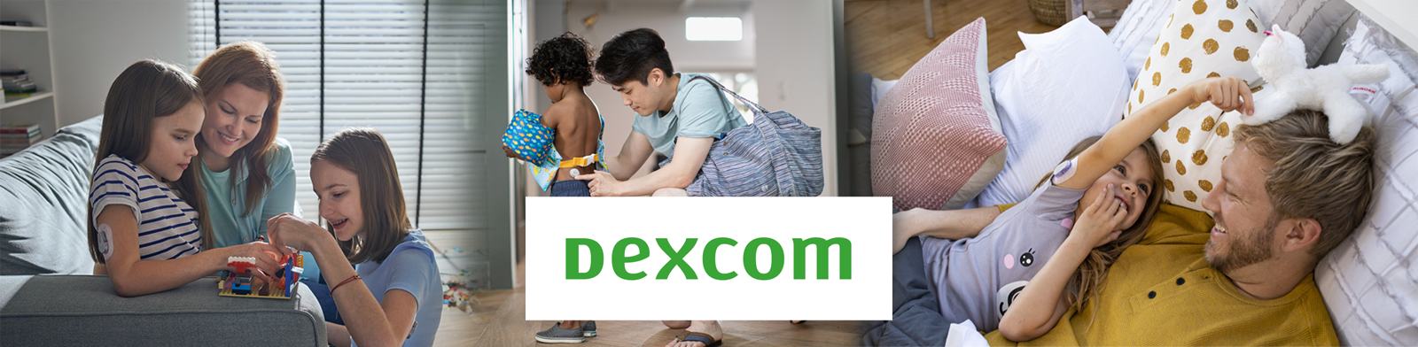 On the left a mum with two daughters sat on a sofa playing with lego, in the center a man sorting the sensor out on his son, on the right a daughter with her dad playing with a teddy. Dexcom logo in the middle.