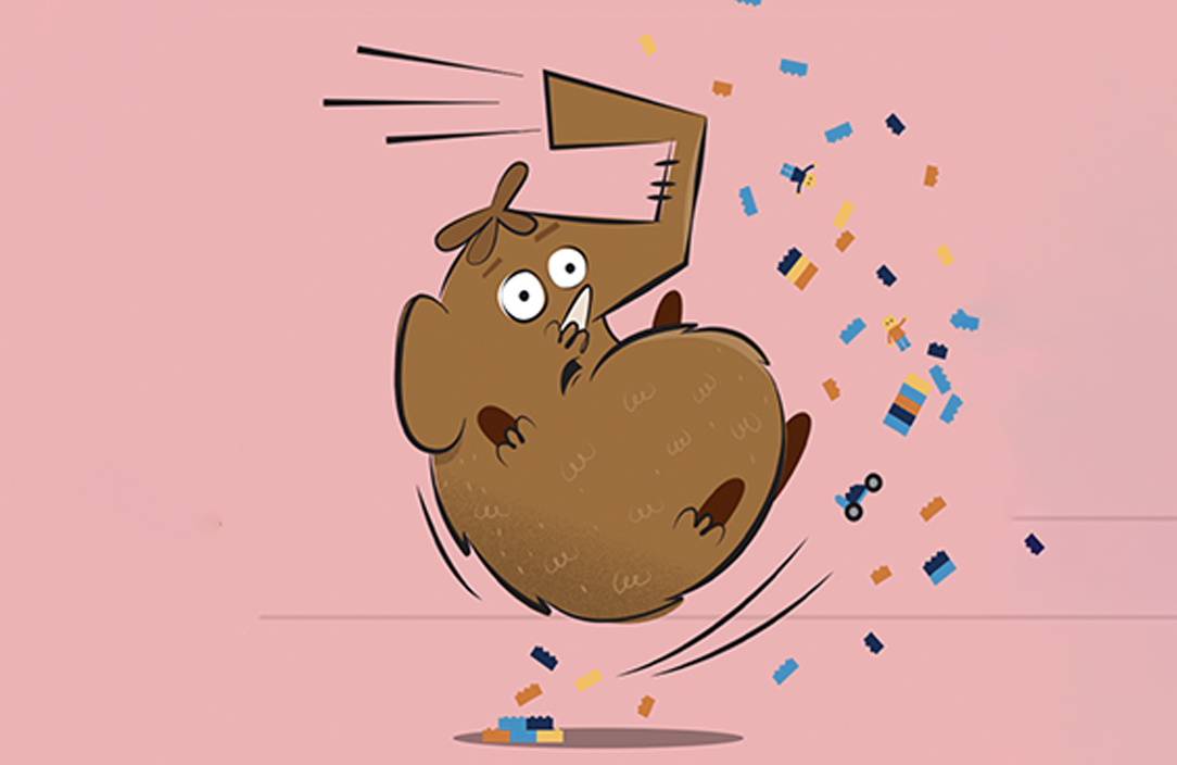 A cartoon of a mammoth tripping on some lego