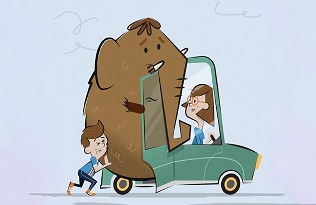 A cartoon of a boy trying to push a huge mammoth into a small green car as his mum watches on.