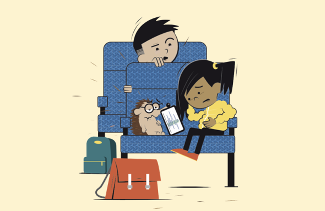 Cartoon of a girl sat next to her hedgehog on the bus.