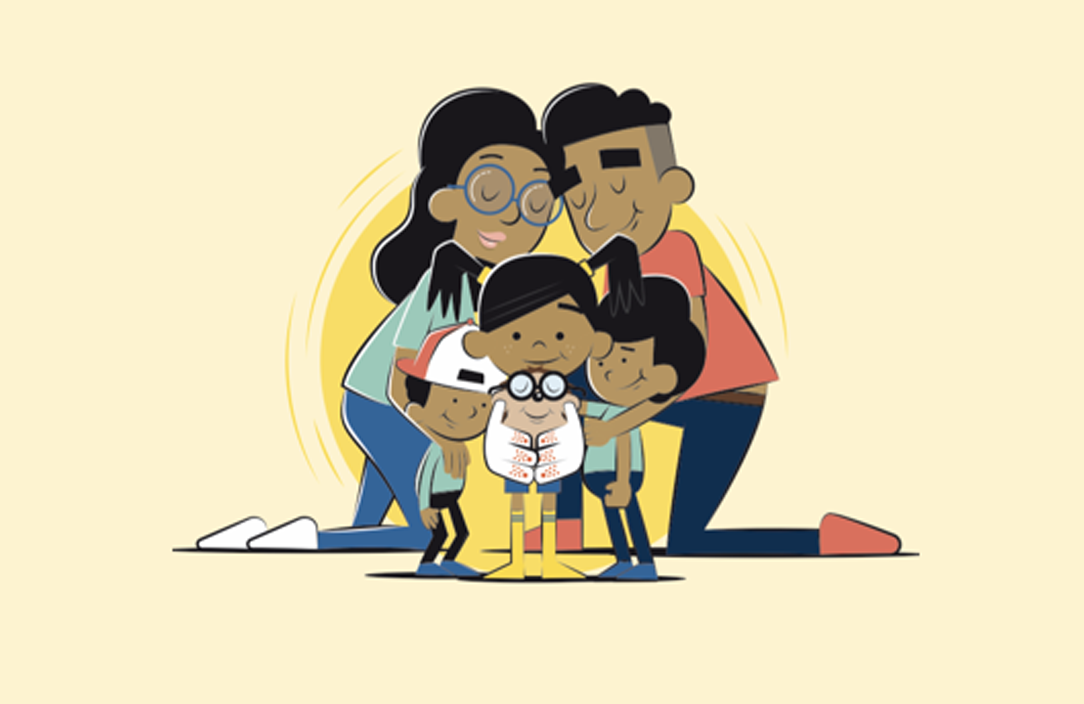 A cartoon family have a group hug