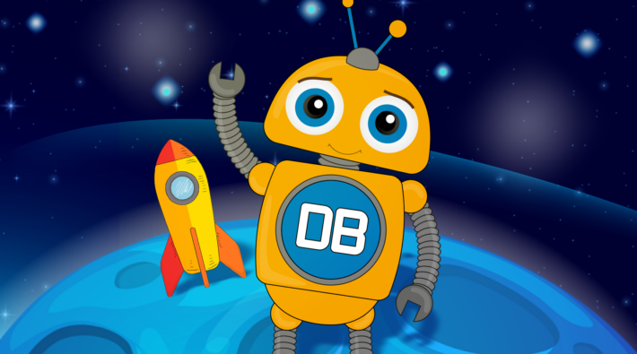 An orange robot stands waving on a planet in front of his spaceship.