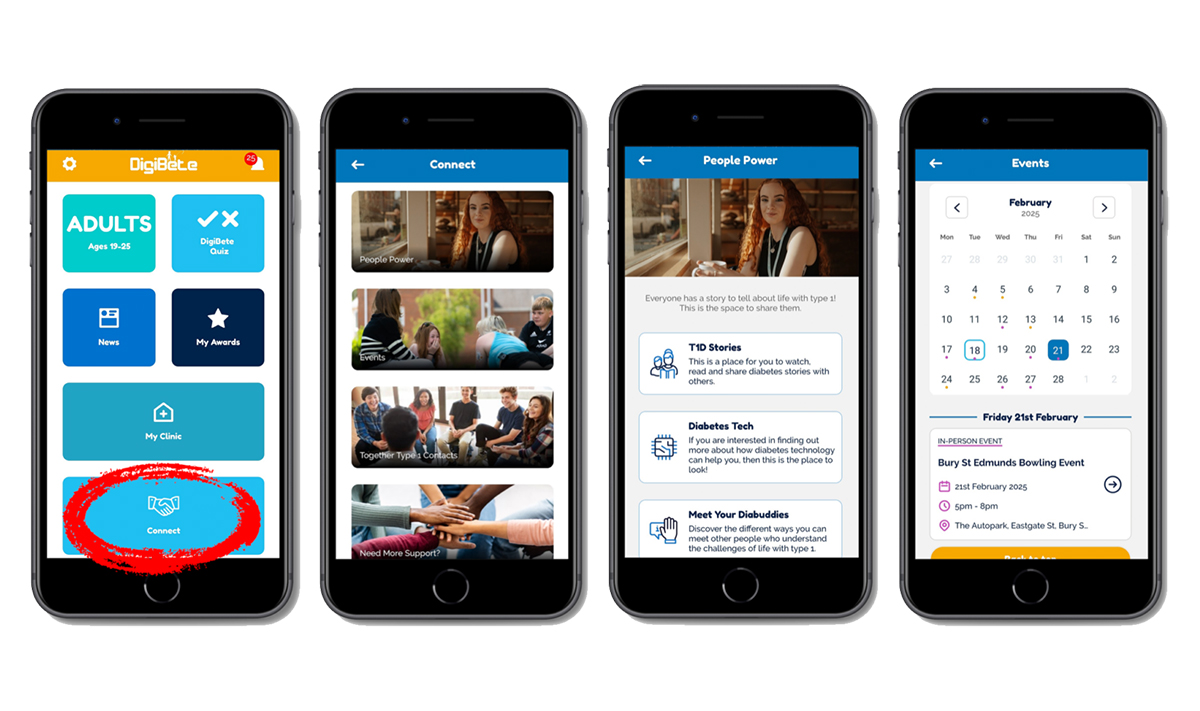 four phones showing screenshots of the connect button