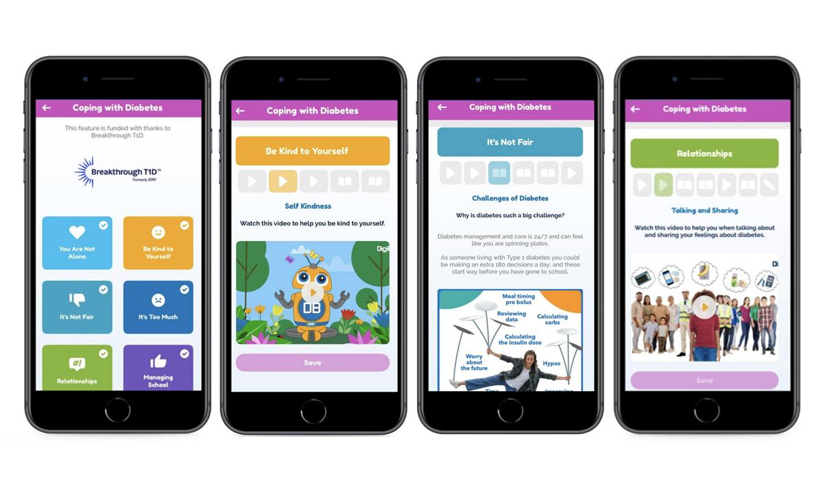 The coping with diabetes tool on phone screens for the different ages.