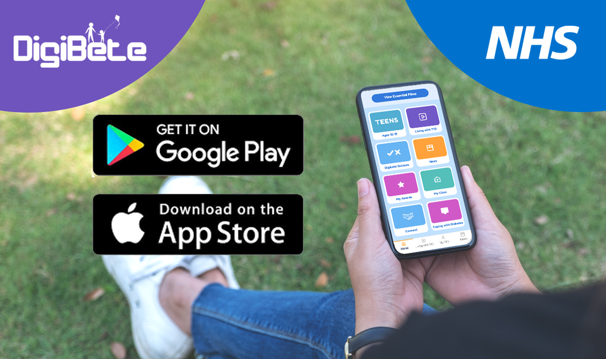the google play and app store logo, the digibete and NHS logo. A person holding a phone with the app home screen on it.