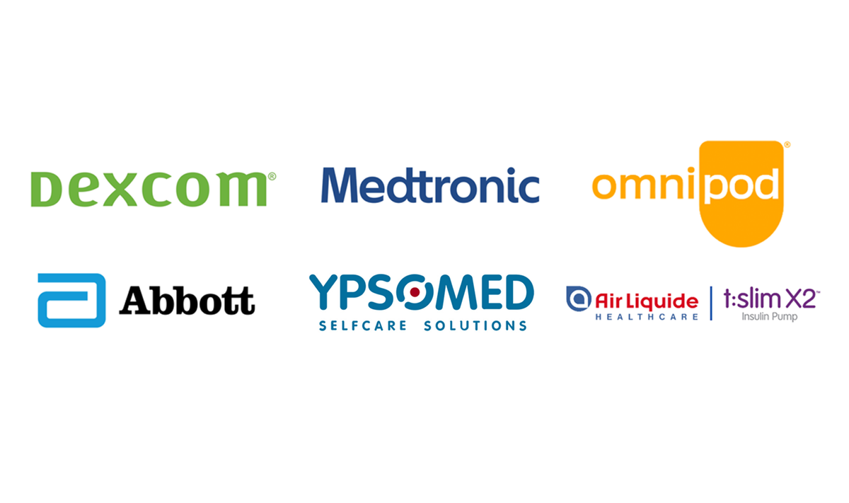 all the tech partner logos together. Dexcom, Medtronic, Omnipod, Abbott, Ypsomed and Airliquide