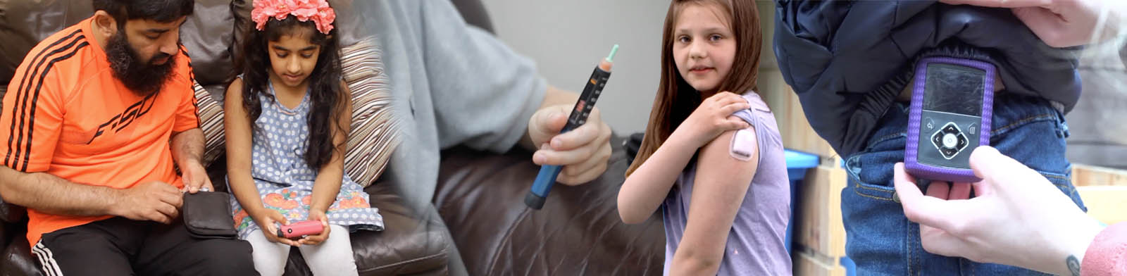 A father sits with his daughter on the left, a boy holds an insulin pen, a girl showing her patch pump and an insulin pump on a young boy