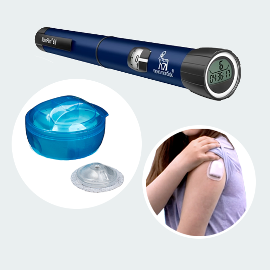 an iport, a smart insulin pen and a girl wearing a patch pod