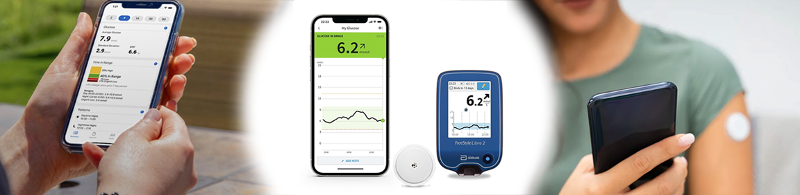 Someone holding a phone with diabetes data on it. A phone and a glucose reader in the centre. Someone holding a phone with a glucose monitor on arm.