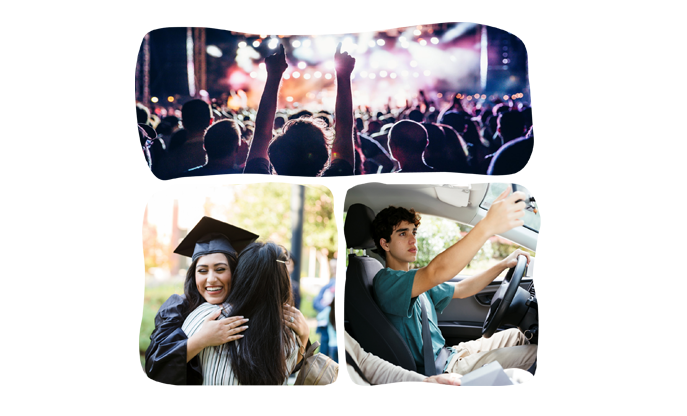 A collage of young adults enjoying a concert, graduation and driving.