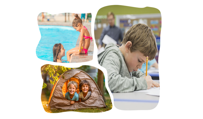 A collage of children enjoying camping swimming and school.