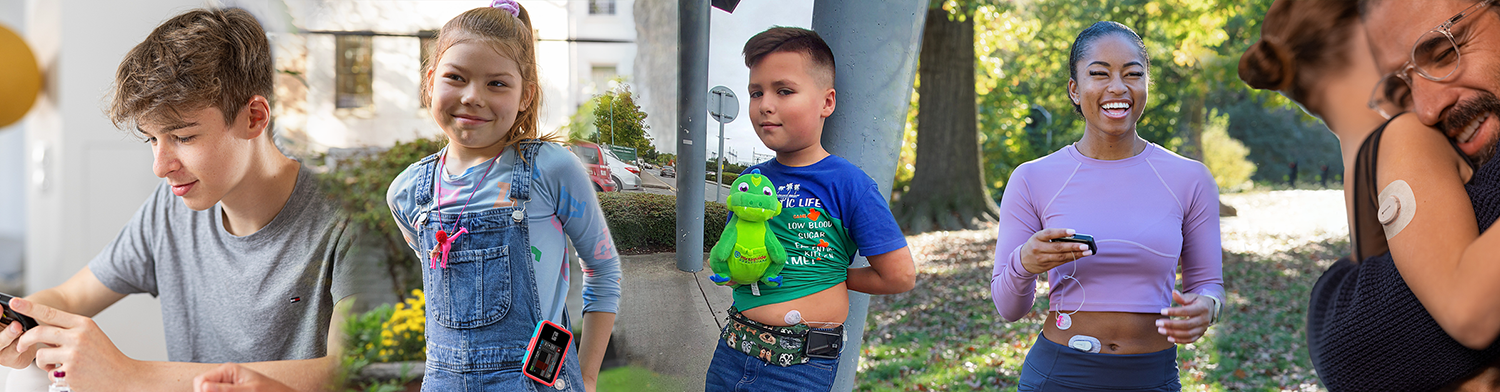 A boy looking at his phone, a girl wearing an insulin pump, a boy holding his toy dinosaur, A woman holding a pump and a man hugging his child.
