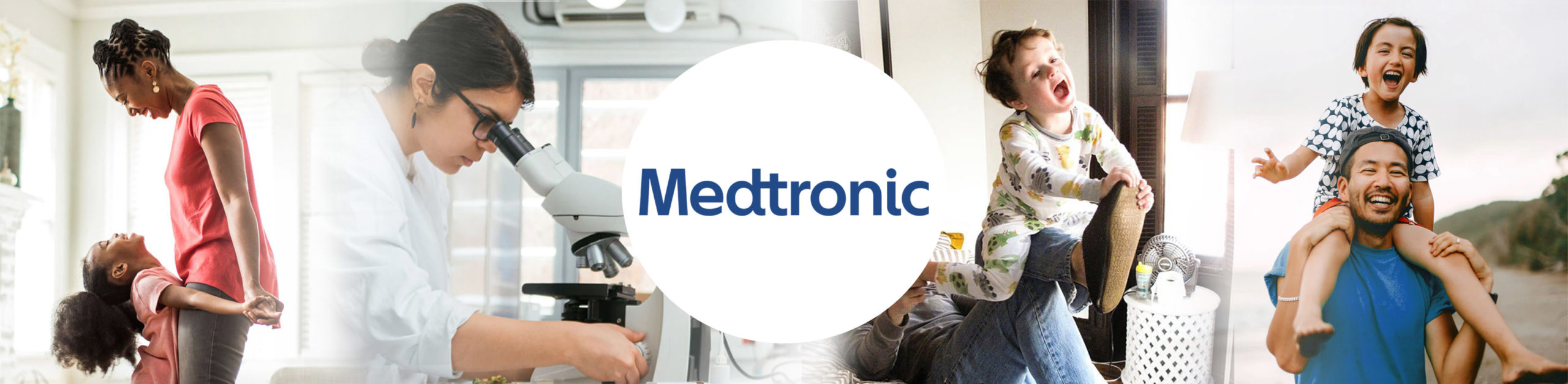 A woman with her child, a woman looking down a microscope, a child playing with his dad and a child sitting on his dads shoulders