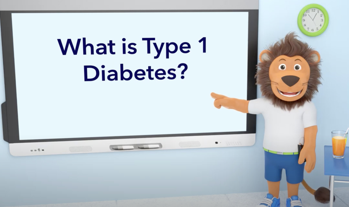 Lenny stands pointing at a whiteboard that says 'What is type 1 diabetes?'