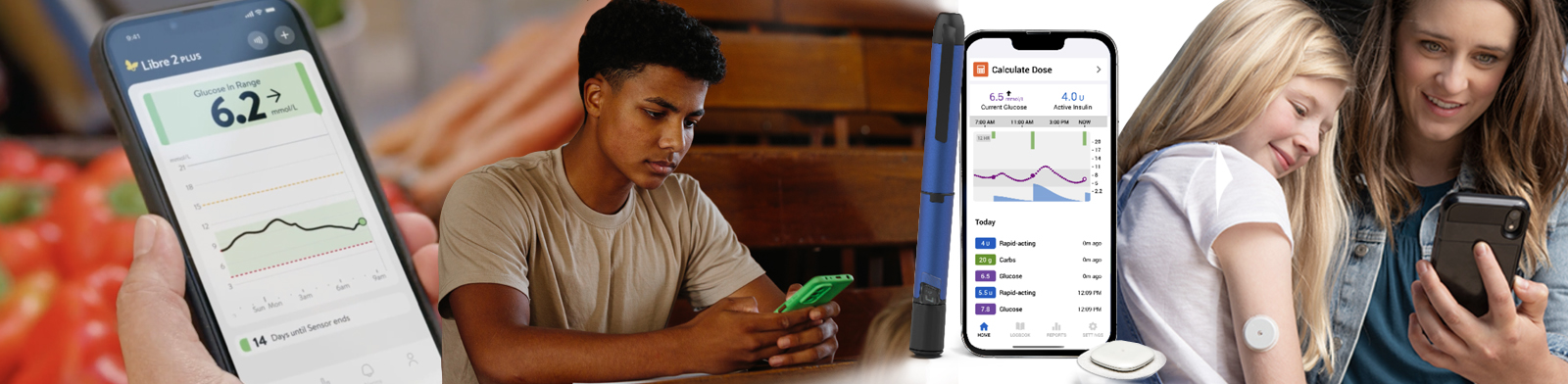 A phone showing glucose levels. A guy looking at his phone, a phone showing data and a smart pen and a sensor, a girl with her mum looking at her phone