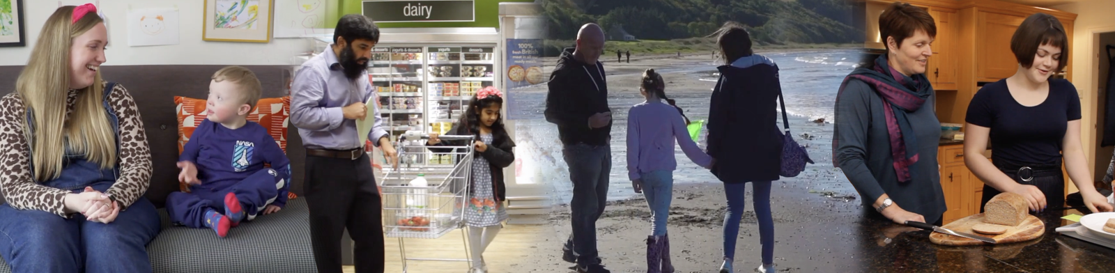 a mother sat with her son, a father shopping with his daughter, a family on the beach, a mother cooking with her daughter.