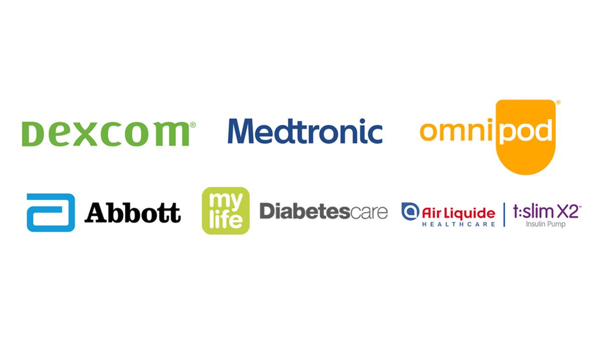 all the tech partner logos together. Dexcom, Medtronic, Omnipod, Abbott, Ypsomed and Airliquide