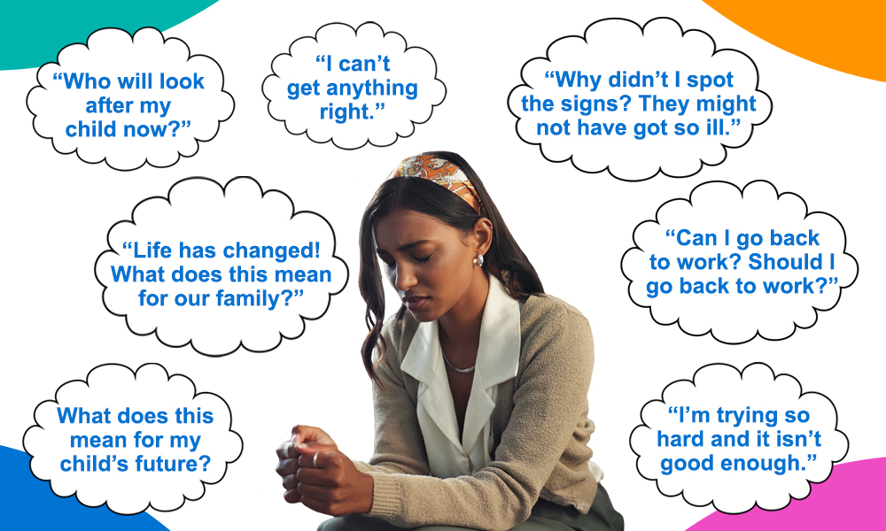 a sad woman has lots of thought bubbles above her head.