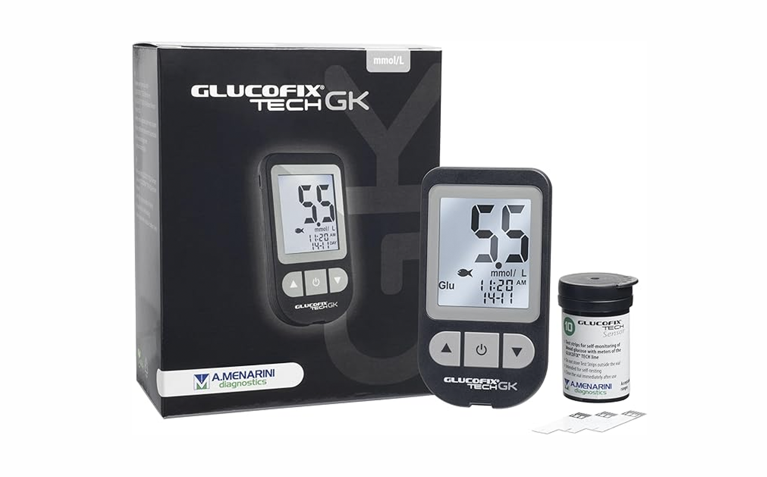 glucose/ketone meter reading 5.5, packaging and strips.