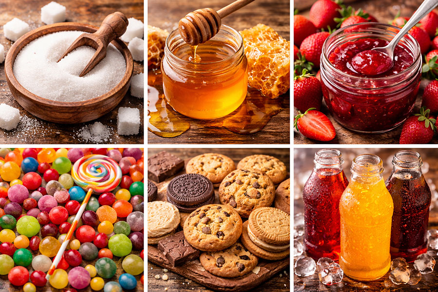 sugar, honey, jam, sweets, biscuits and pop.