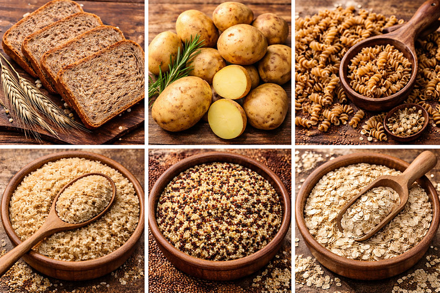 bread, potatoes, pasta, rice, quinoa and oats