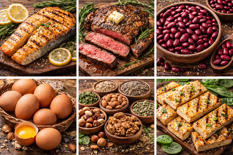 fish, steak, kidney beans, eggs, nuts and seeds and tofu.