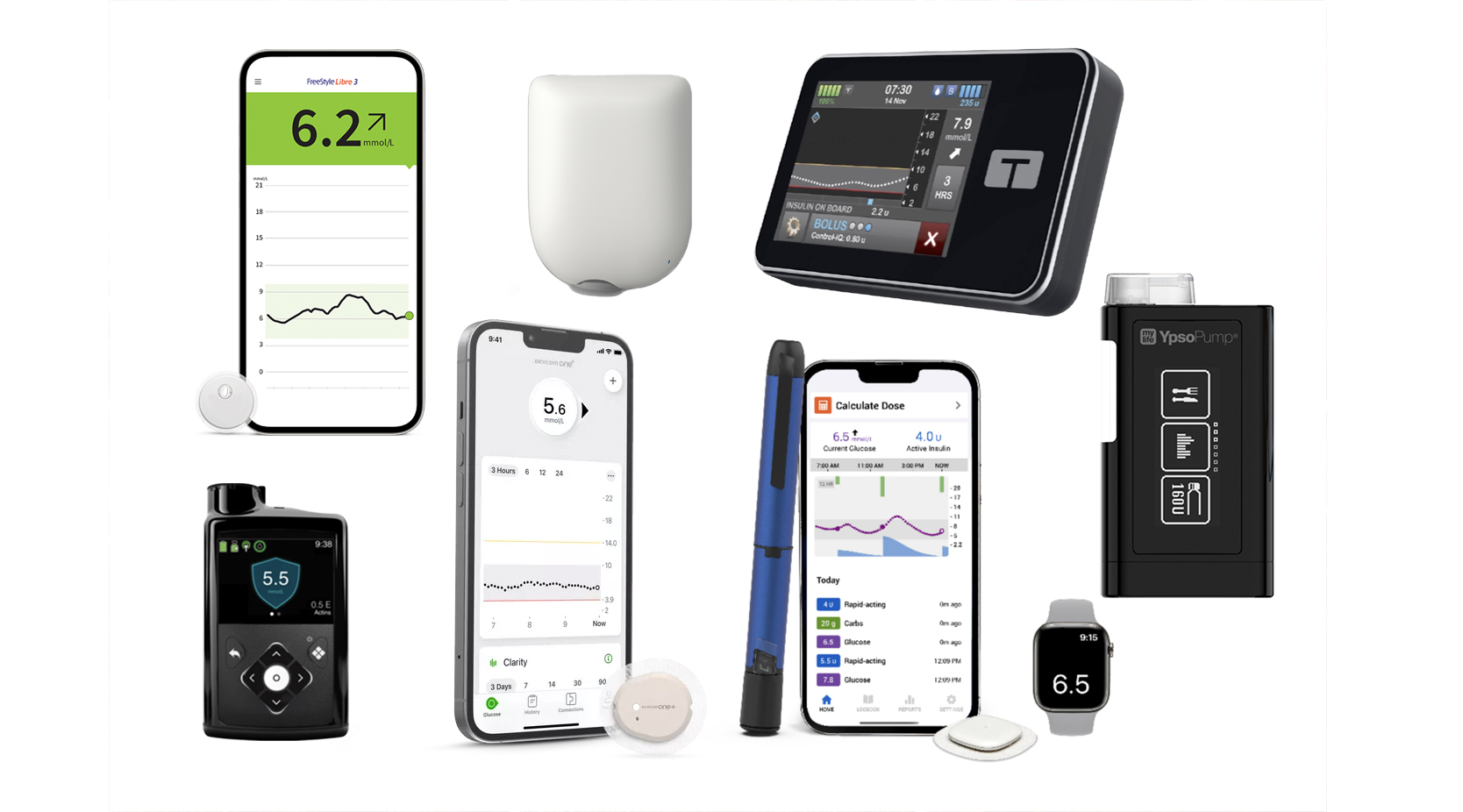 a selection of pumps, sensors and phones for diabetes technology