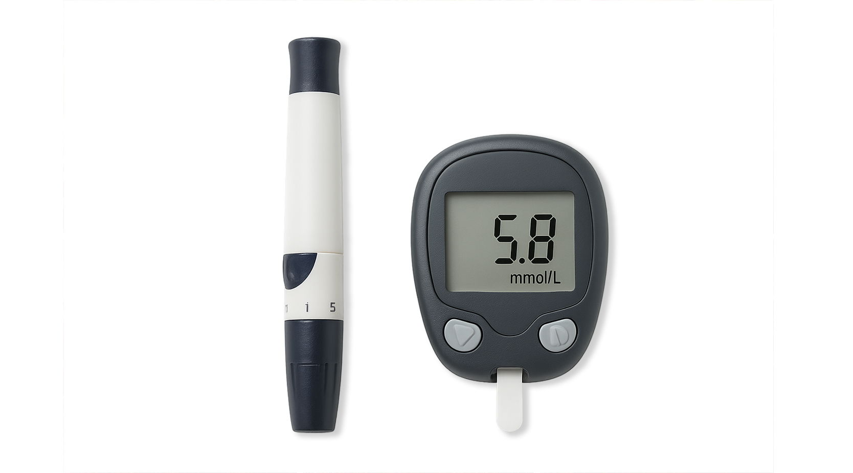 finger pricker, glucose meter reading 5.8,  and strip