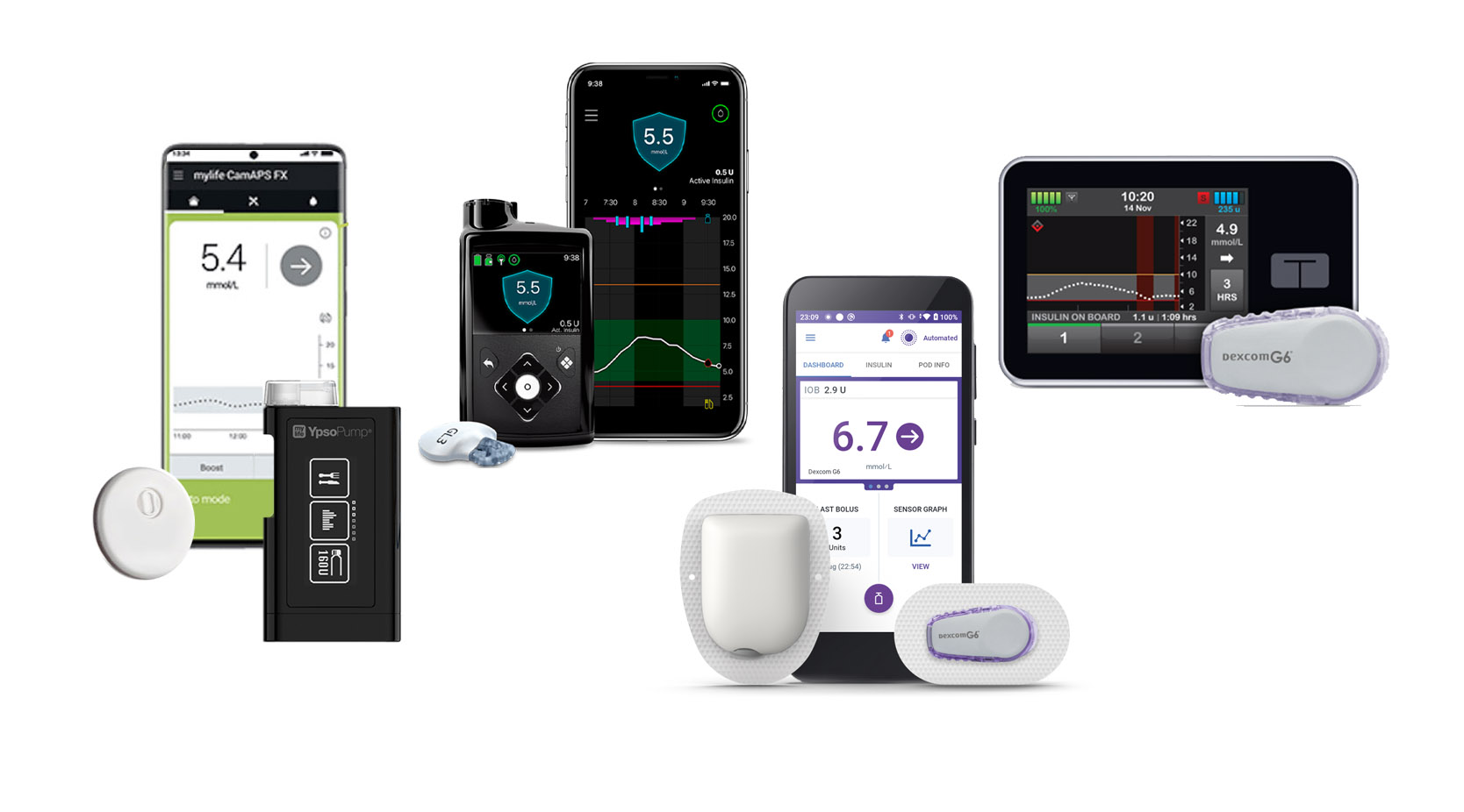 a selection of diabetes technology to show hybrid closed loops.