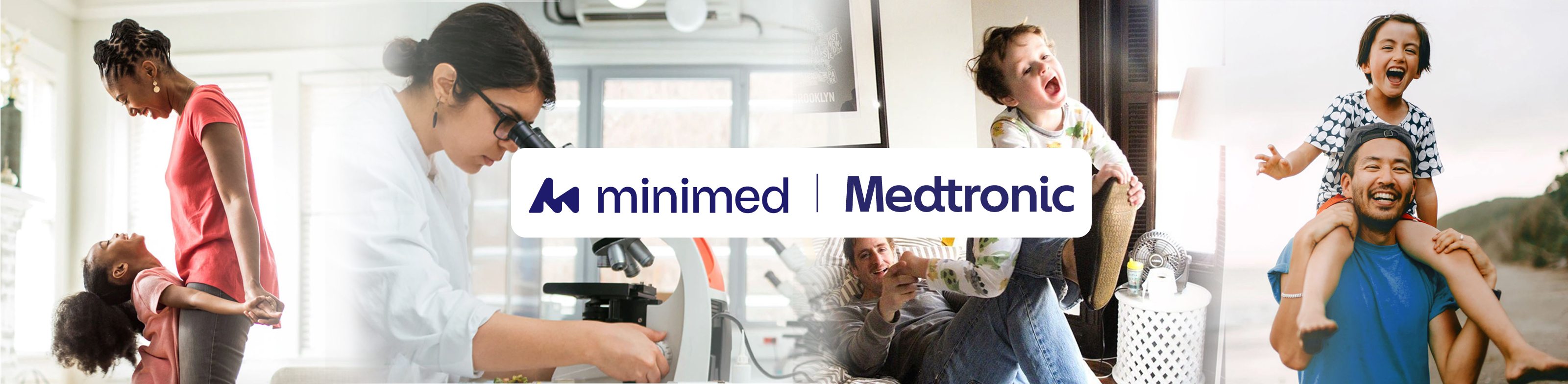 A woman with her child, a woman looking down a microscope, a child playing with his dad and a child sitting on his dads shoulders