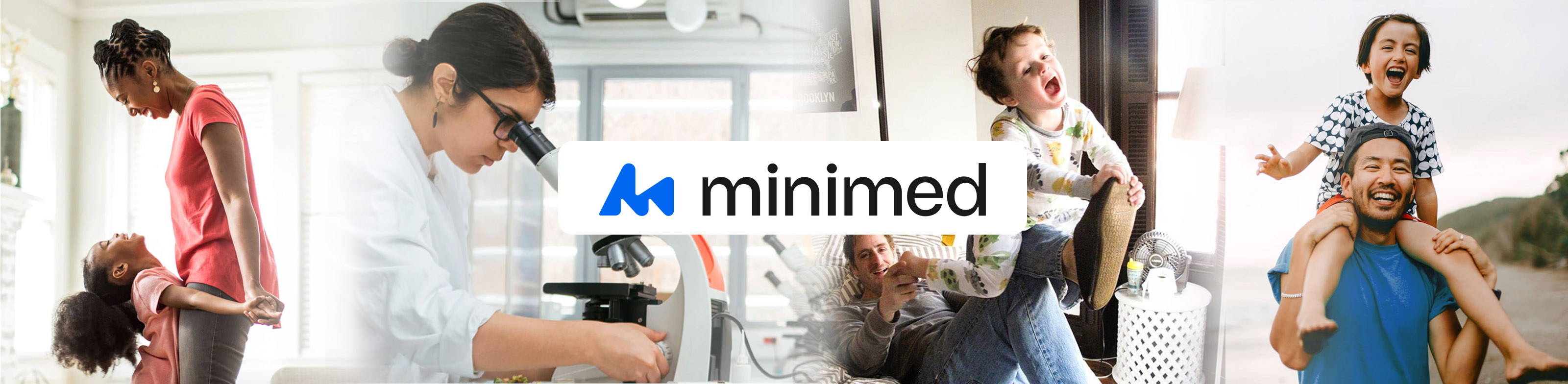 A woman with her child, a woman looking down a microscope, a child playing with his dad and a child sitting on his dads shoulders