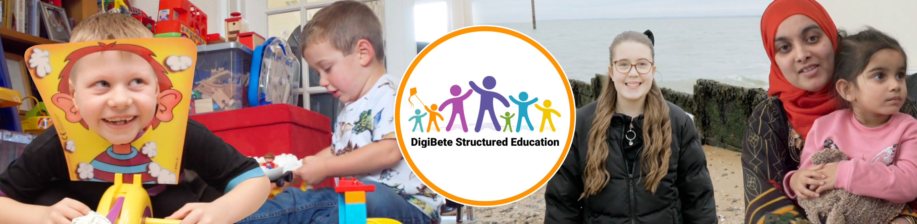 a young boy smiling, a young boy playing with his toys, a teenage girl and a mum and her daughter with structured education logo.