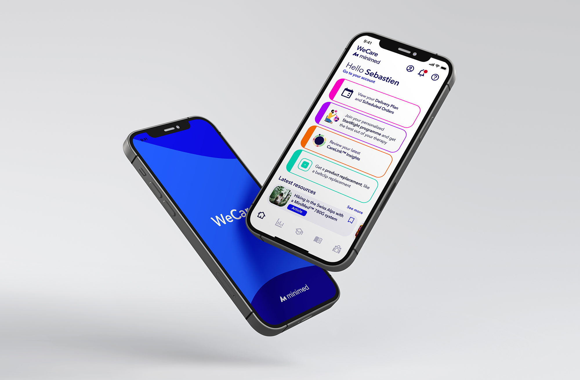 2 phones showing the we-care app