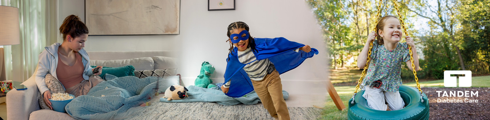 a girl sat on a sofa, a boy wearing a cape and a girl on a swing.